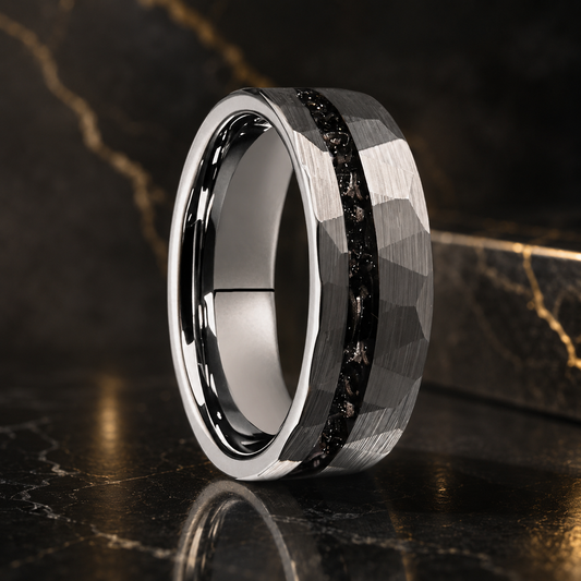 Tungsten Ring with Meteorite Fragment Inlay
