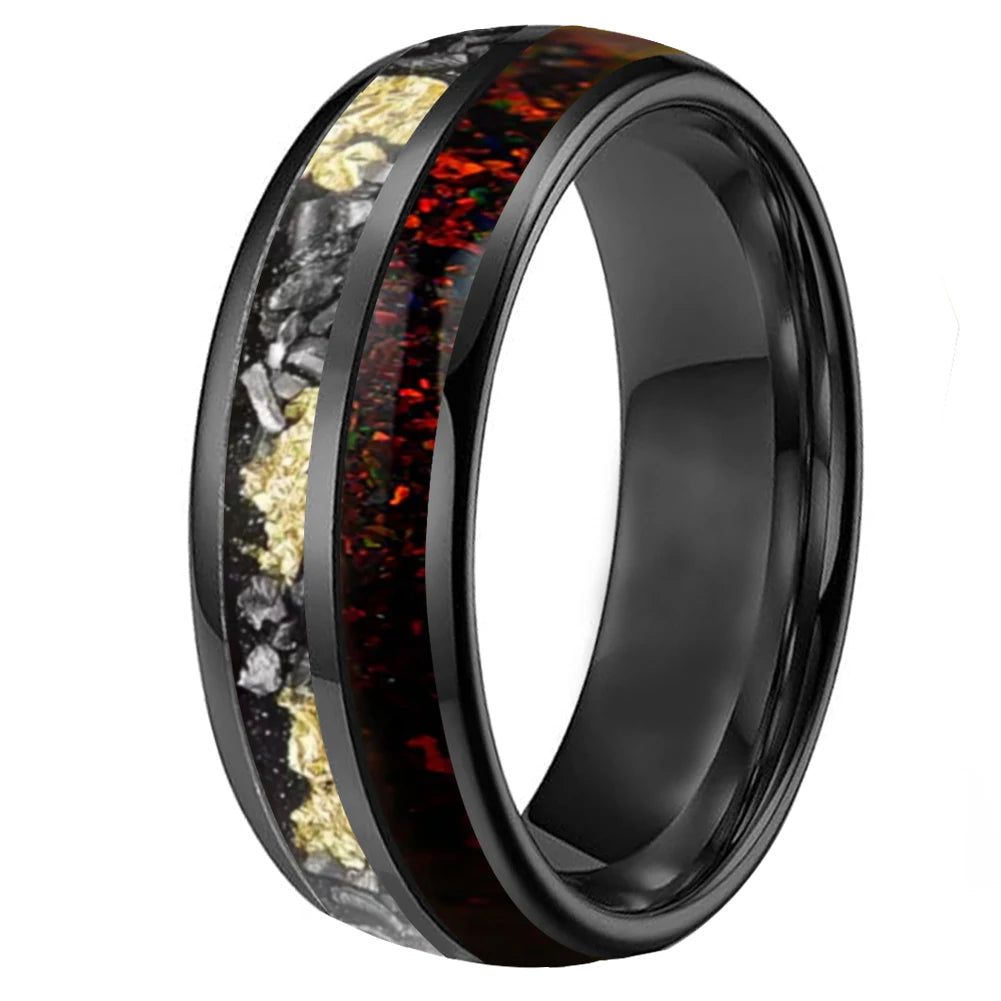 Tungsten Ring with Meteorite Gold Foil and Red Opal Inlay