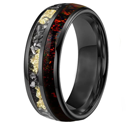 Tungsten Ring with Meteorite Gold Foil and Red Opal Inlay