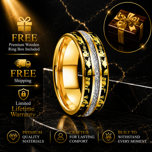 Tungsten Ring with Meteorite Gold Foil Inlay