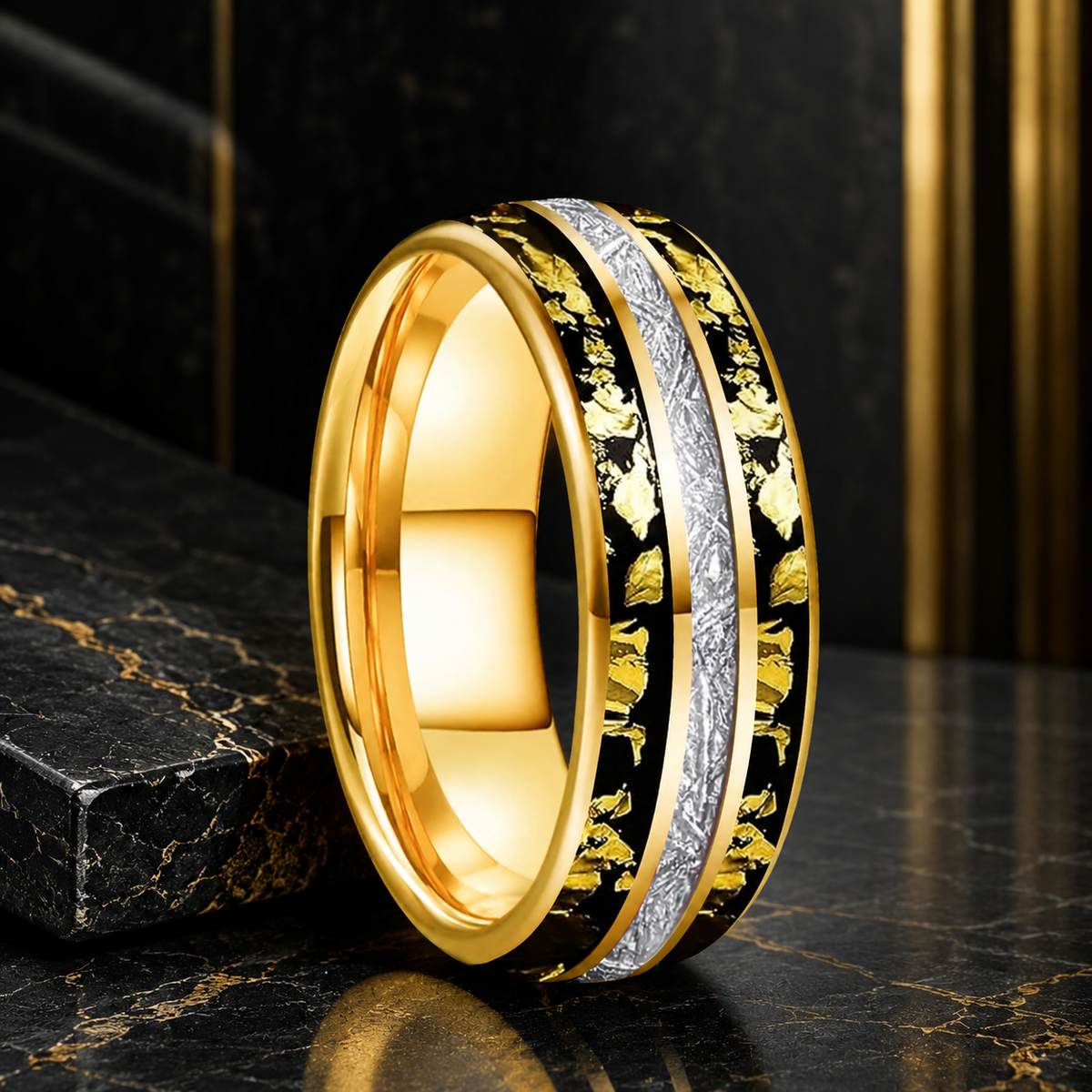 Tungsten Ring with Meteorite Gold Foil Inlay
