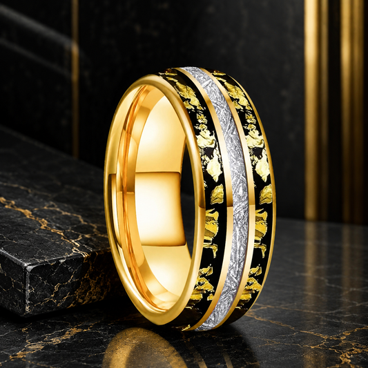 Tungsten Ring with Meteorite Gold Foil Inlay