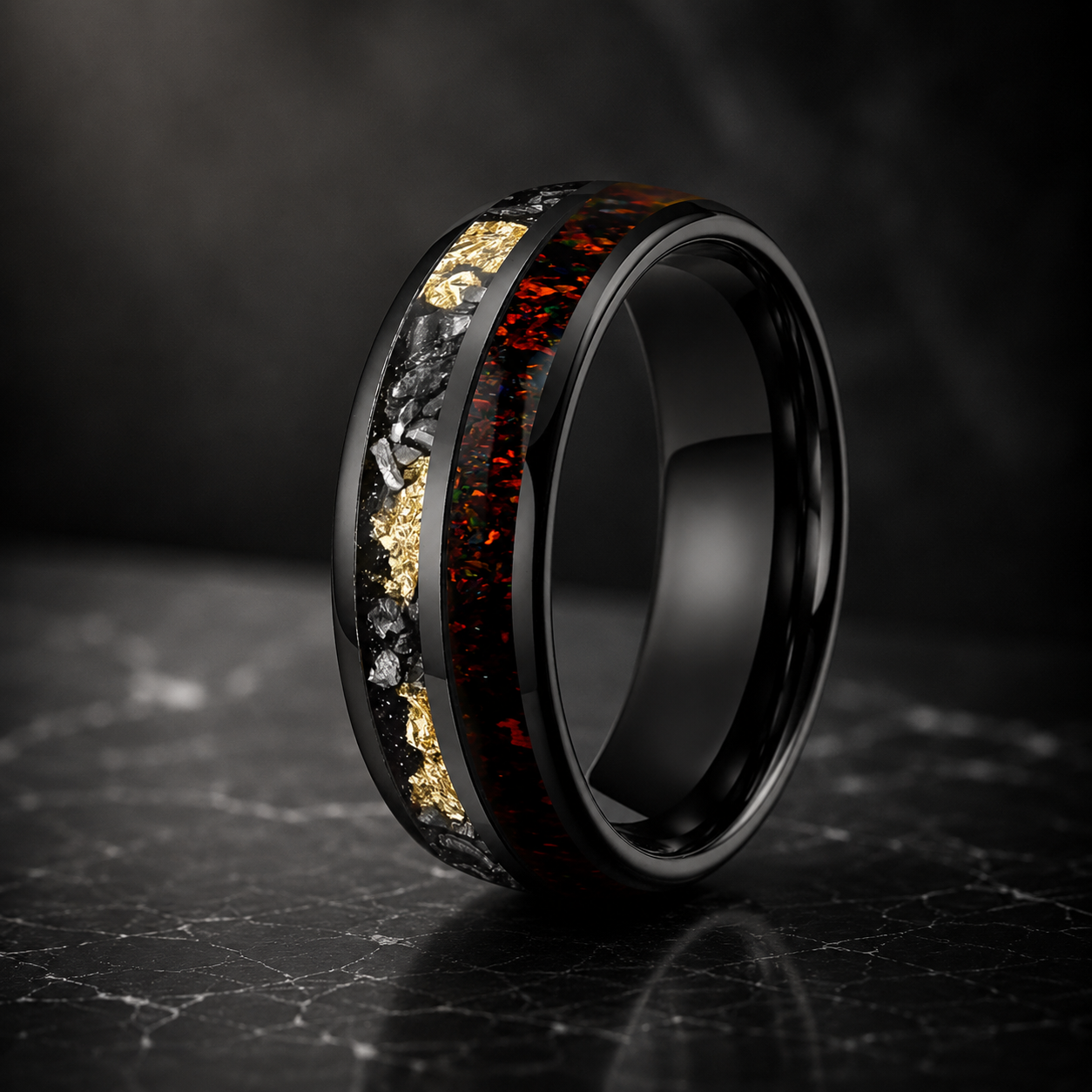 Tungsten Ring with Meteorite Gold Foil and Red Opal Inlay