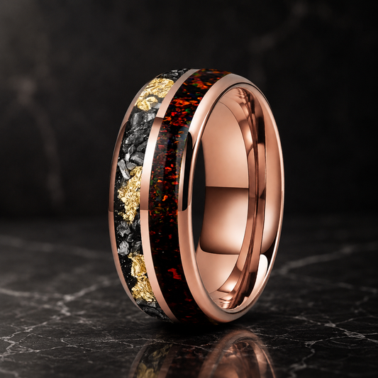 Tungsten Ring with Meteorite Gold Foil and Red Opal Inlay