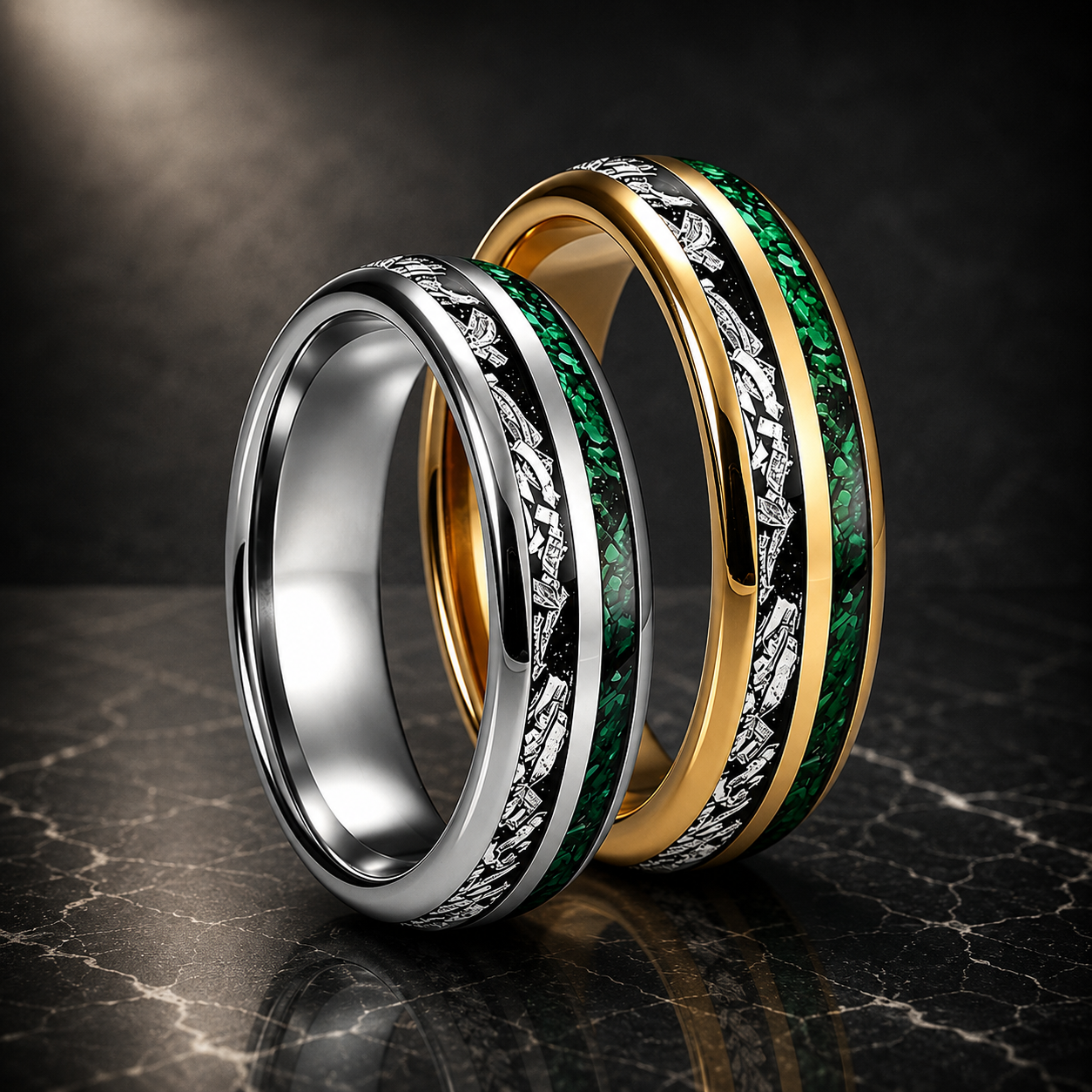 Tungsten Ring with Meteorite & Green Stone Inlay