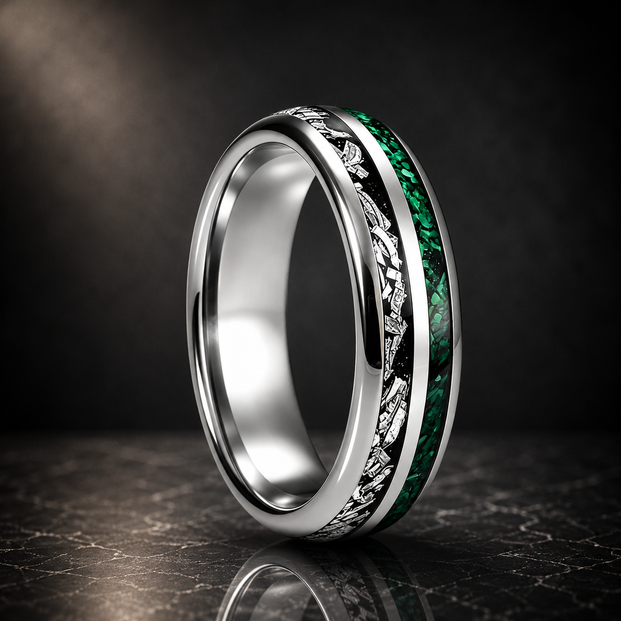 Tungsten Ring with Meteorite & Green Stone Inlay
