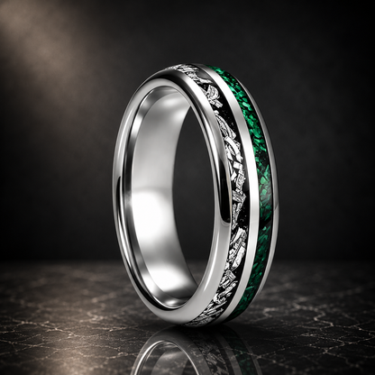 Tungsten Ring with Meteorite & Green Stone Inlay