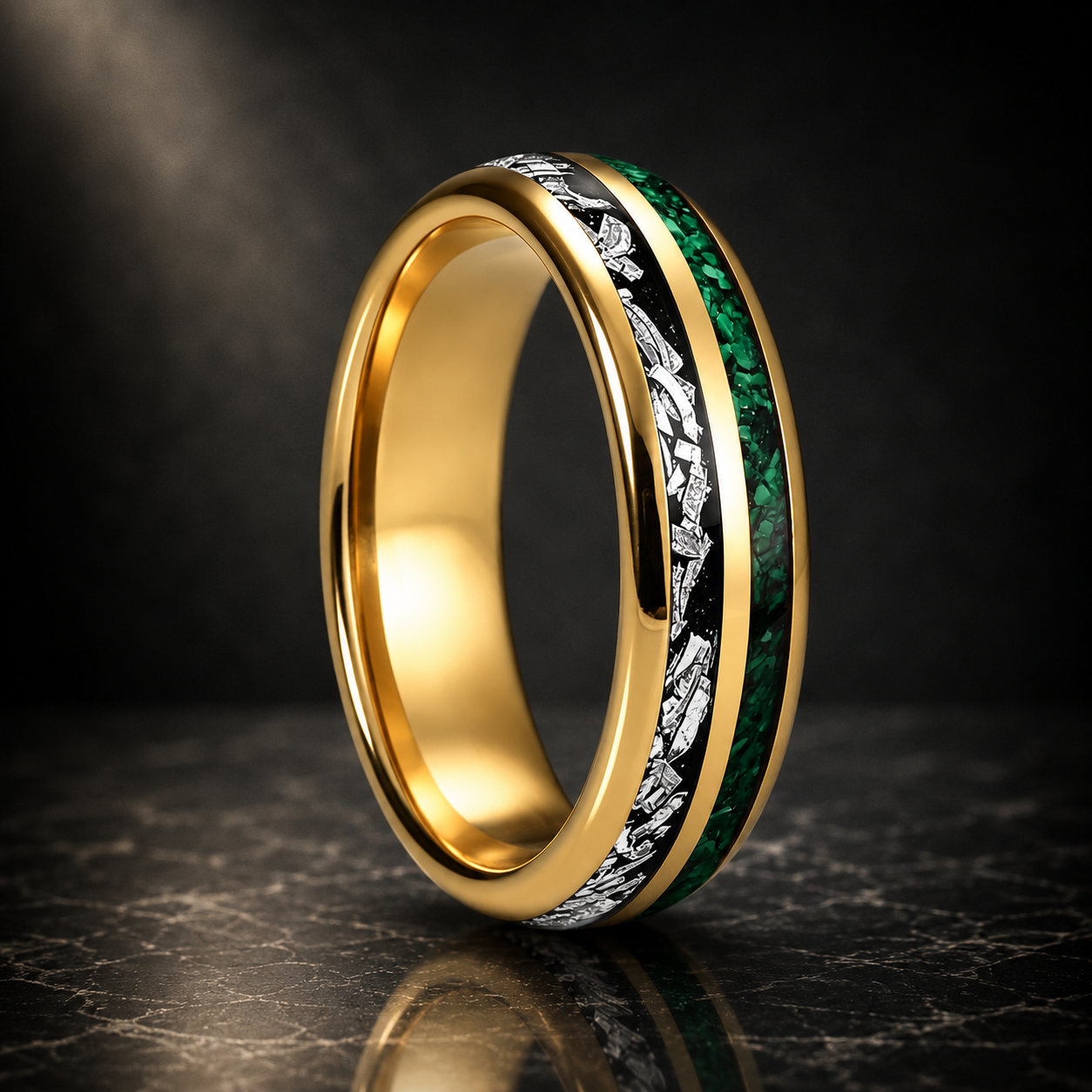 Tungsten Ring with Meteorite & Green Stone Inlay