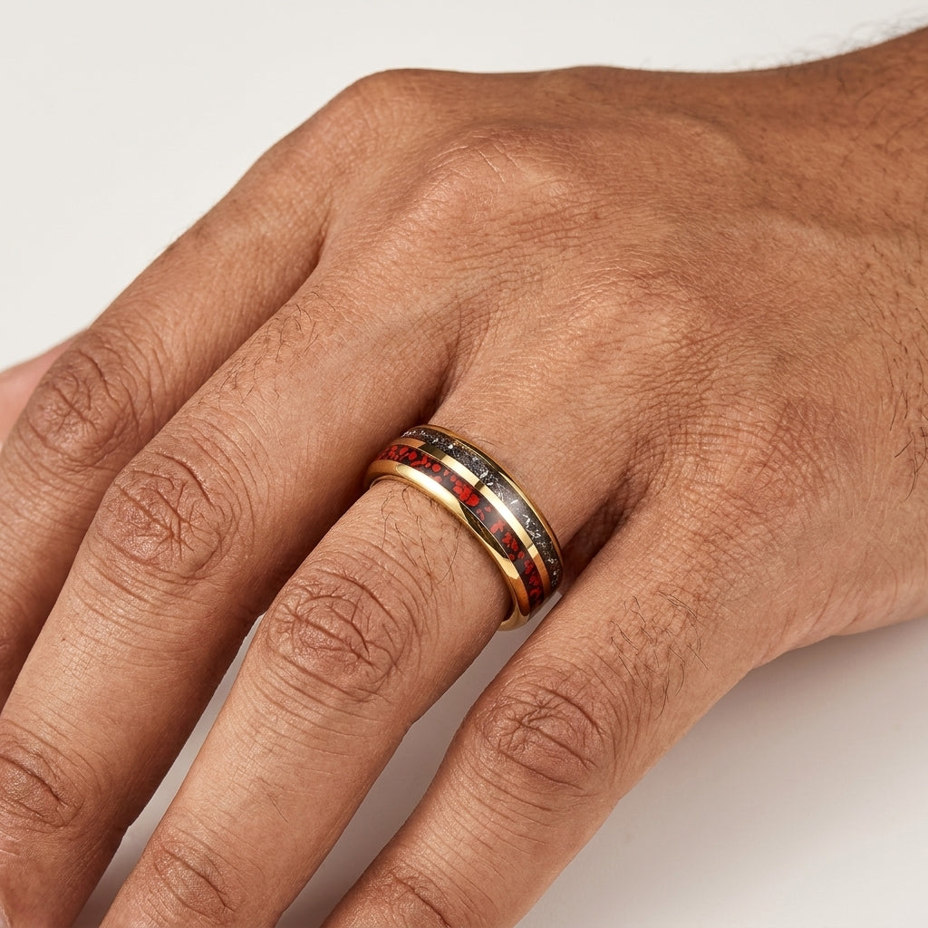 Tungsten Ring with Meteorite & Dinosaur Bone Inlay