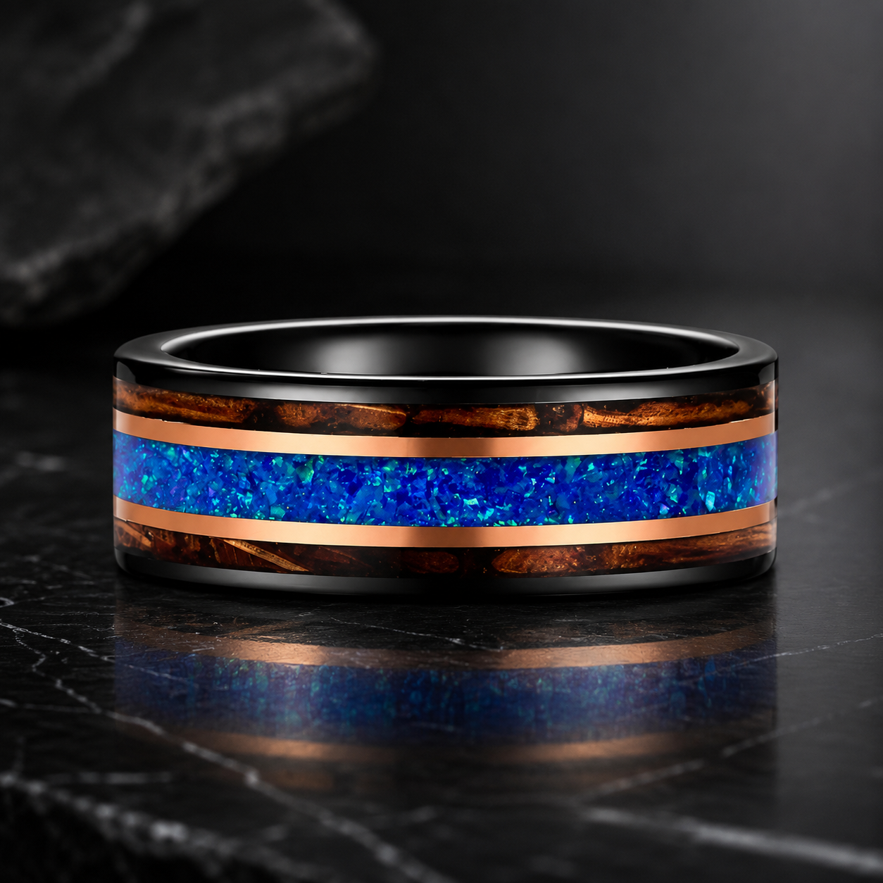 Tungsten Ring with Opal & Whiskey Barrel Wood Inlay