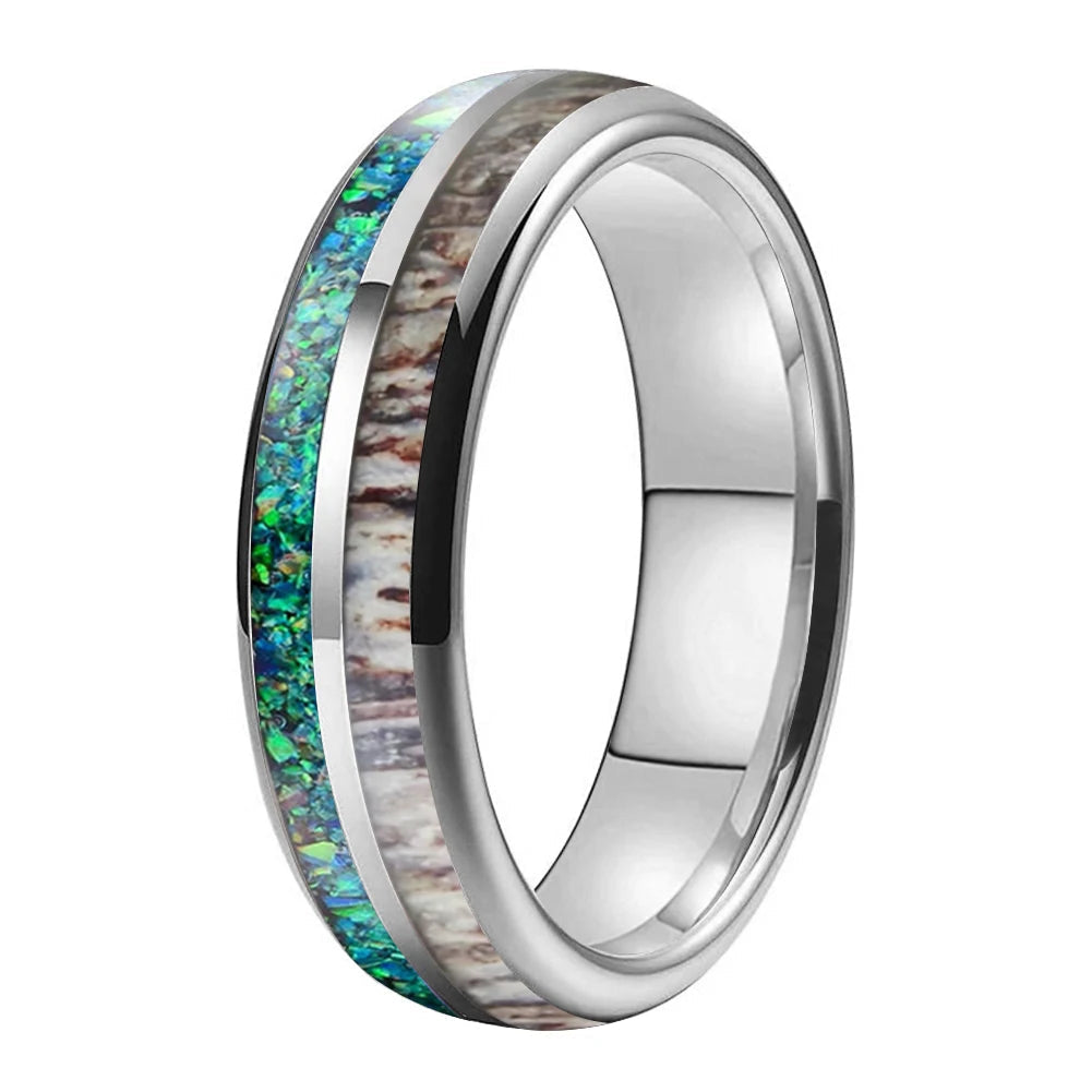 Tungsten Ring with Opal, Deer Antler and Redwood Inlay
