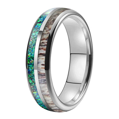 Tungsten Ring with Opal, Deer Antler and Redwood Inlay