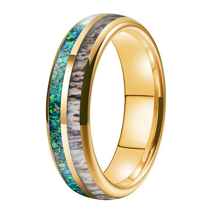 Tungsten Ring with Opal, Deer Antler and Redwood Inlay