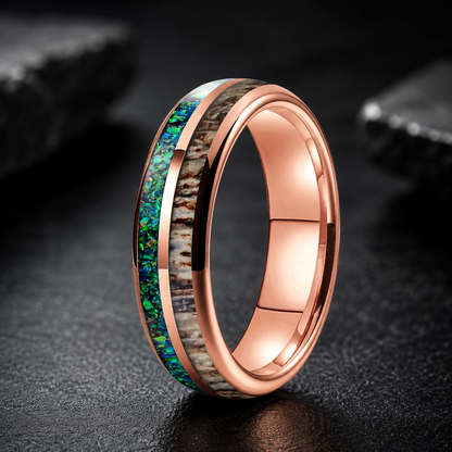 Tungsten Ring with Opal, Deer Antler and Redwood Inlay
