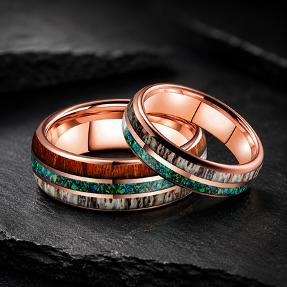 Tungsten Ring with Opal, Deer Antler and Redwood Inlay