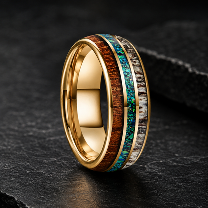 Tungsten Ring with Opal, Deer Antler and Redwood Inlay