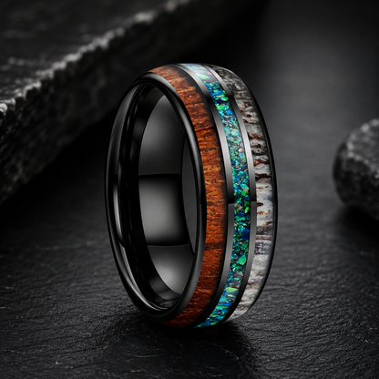 Tungsten Ring with Opal, Deer Antler and Redwood Inlay