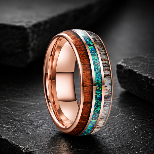 Tungsten Ring with Opal, Deer Antler and Redwood Inlay