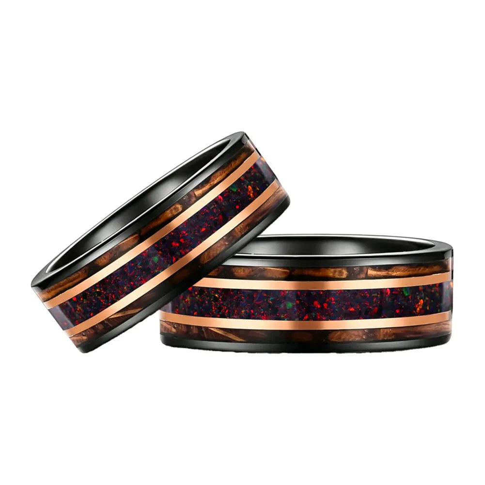 Tungsten Ring with Opal & Whiskey Barrel Wood Inlay