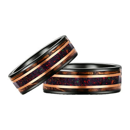 Tungsten Ring with Opal & Whiskey Barrel Wood Inlay