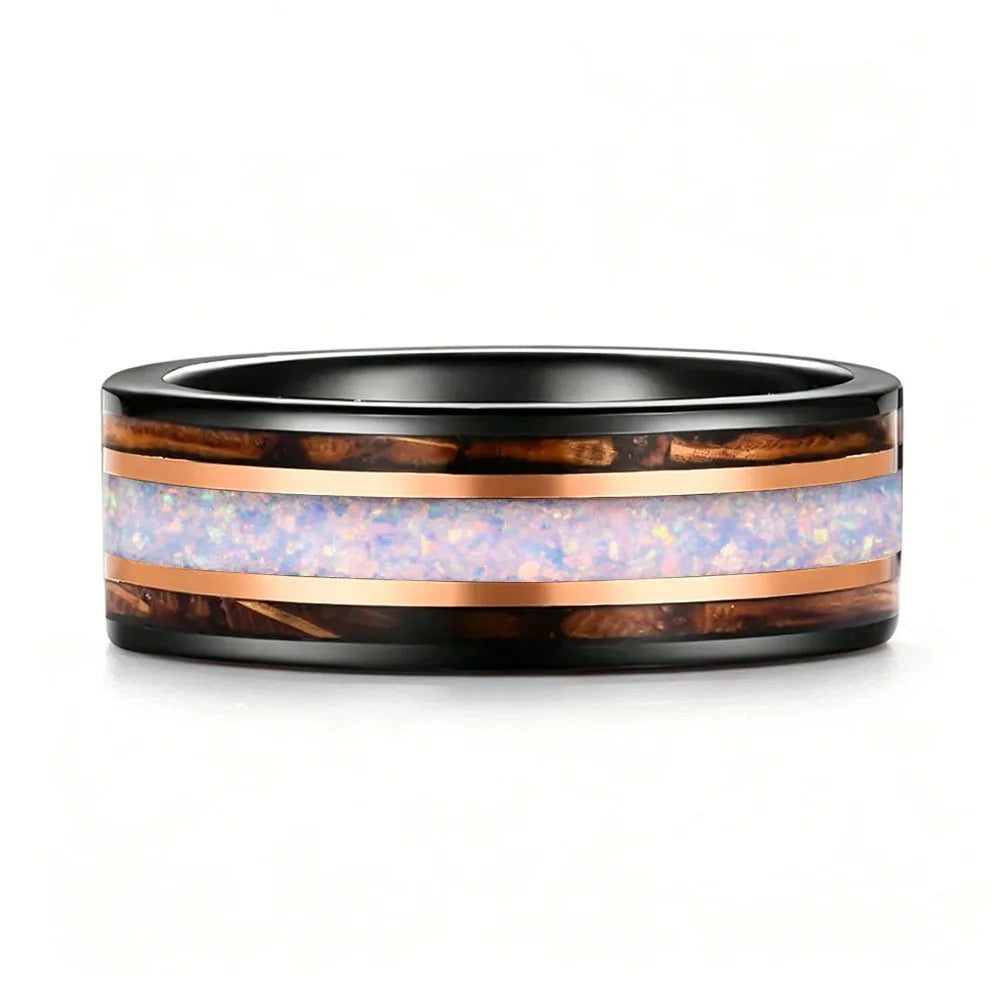 Tungsten Ring with Opal & Whiskey Barrel Wood Inlay