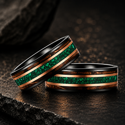 Tungsten Ring with Opal & Whiskey Barrel Wood Inlay