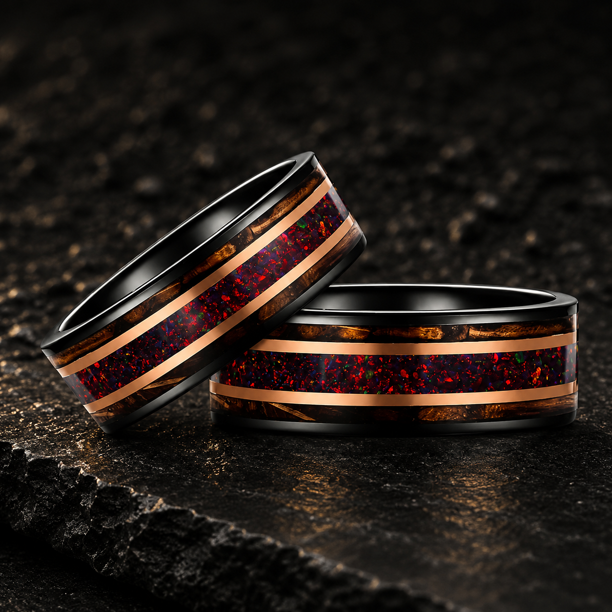 Tungsten Ring with Opal & Whiskey Barrel Wood Inlay