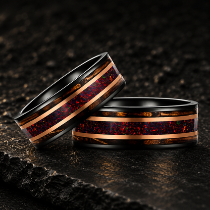 Tungsten Ring with Opal & Whiskey Barrel Wood Inlay