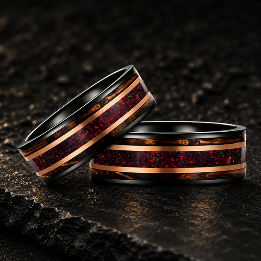 Tungsten Ring with Opal & Whiskey Barrel Wood Inlay