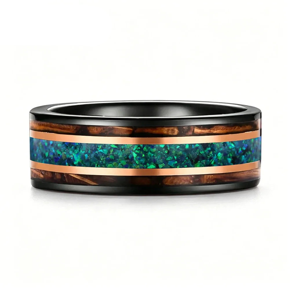 Tungsten Ring with Opal & Whiskey Barrel Wood Inlay