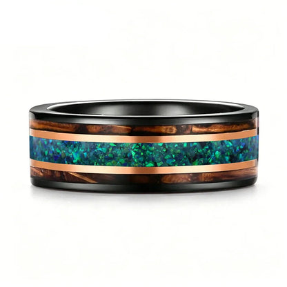 Tungsten Ring with Opal & Whiskey Barrel Wood Inlay