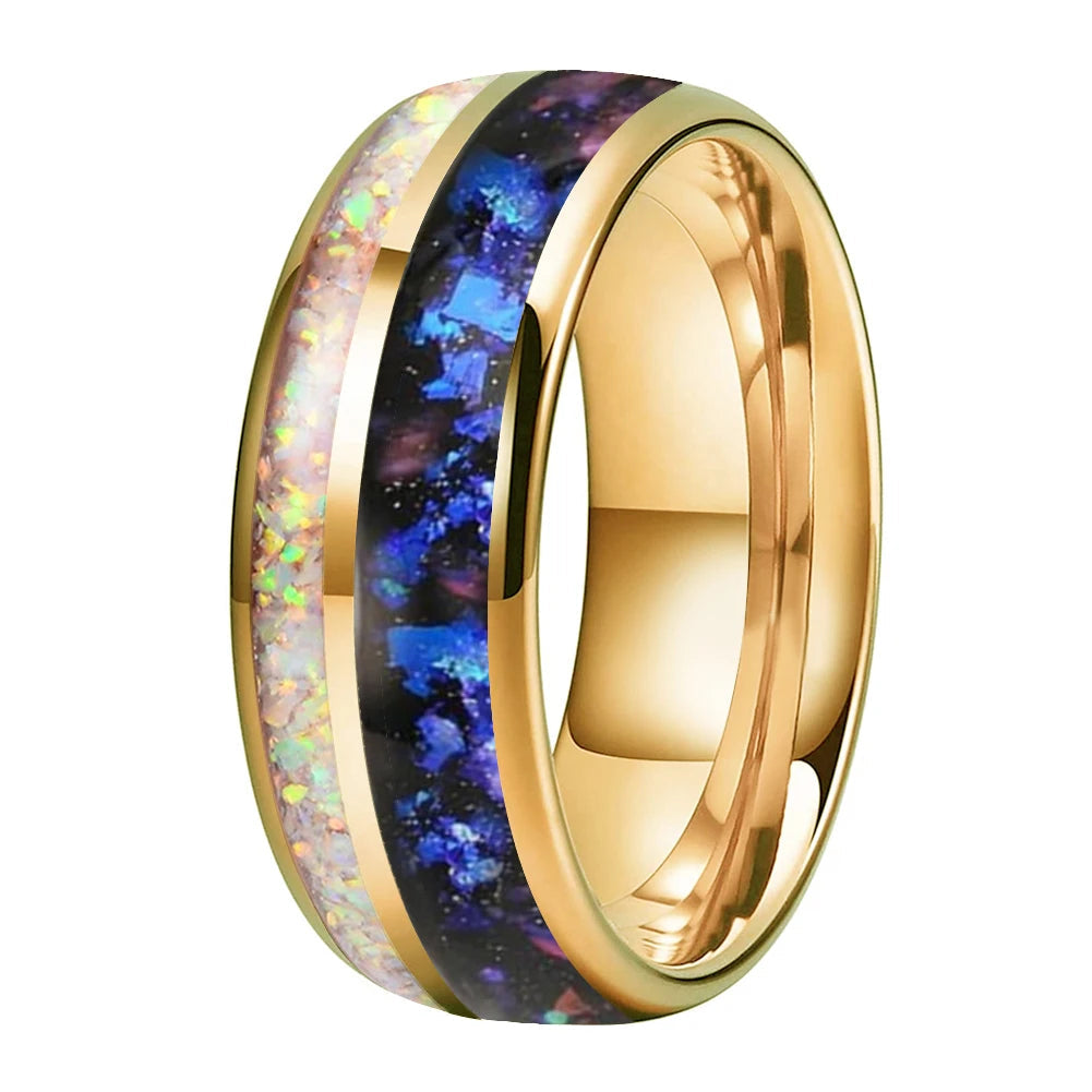 Tungsten Ring with Orion Nebula & Crushed White Opal Inlay
