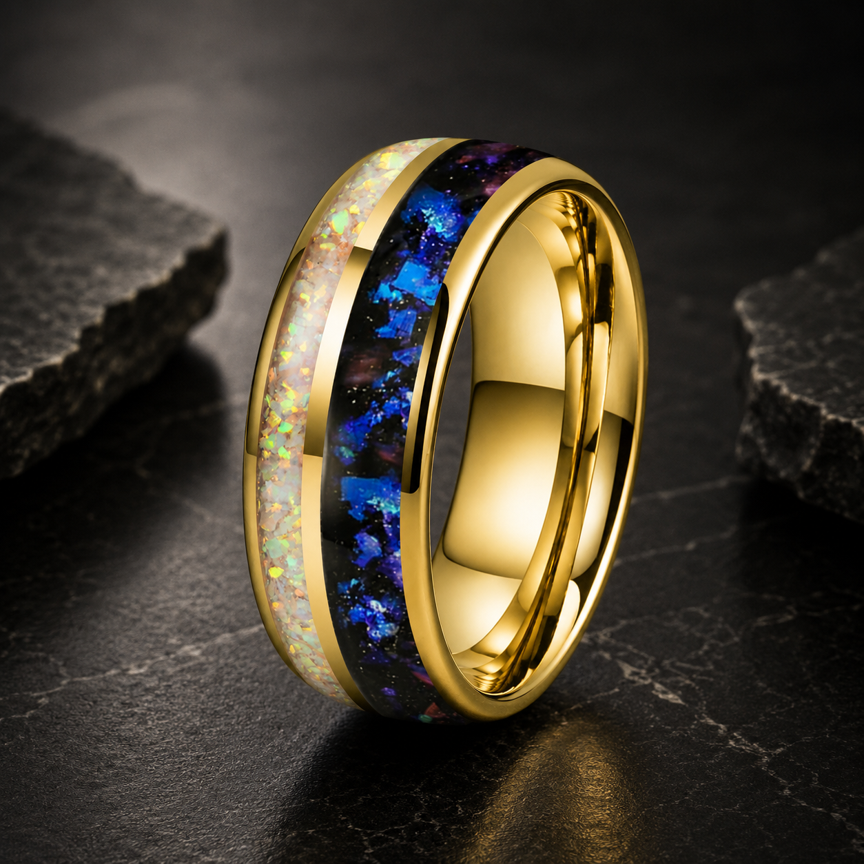 Tungsten Ring with Orion Nebula & Crushed White Opal Inlay