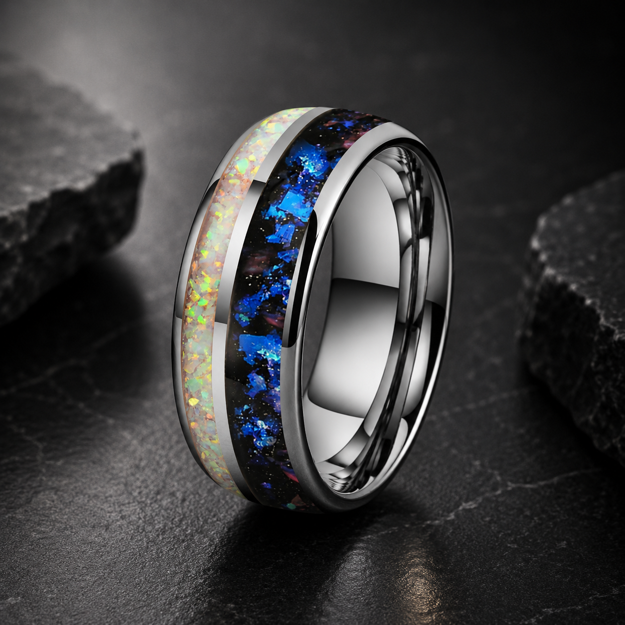 Tungsten Ring with Orion Nebula & Crushed White Opal Inlay