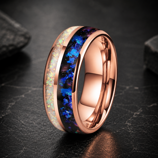Tungsten Ring with Orion Nebula & Crushed White Opal Inlay