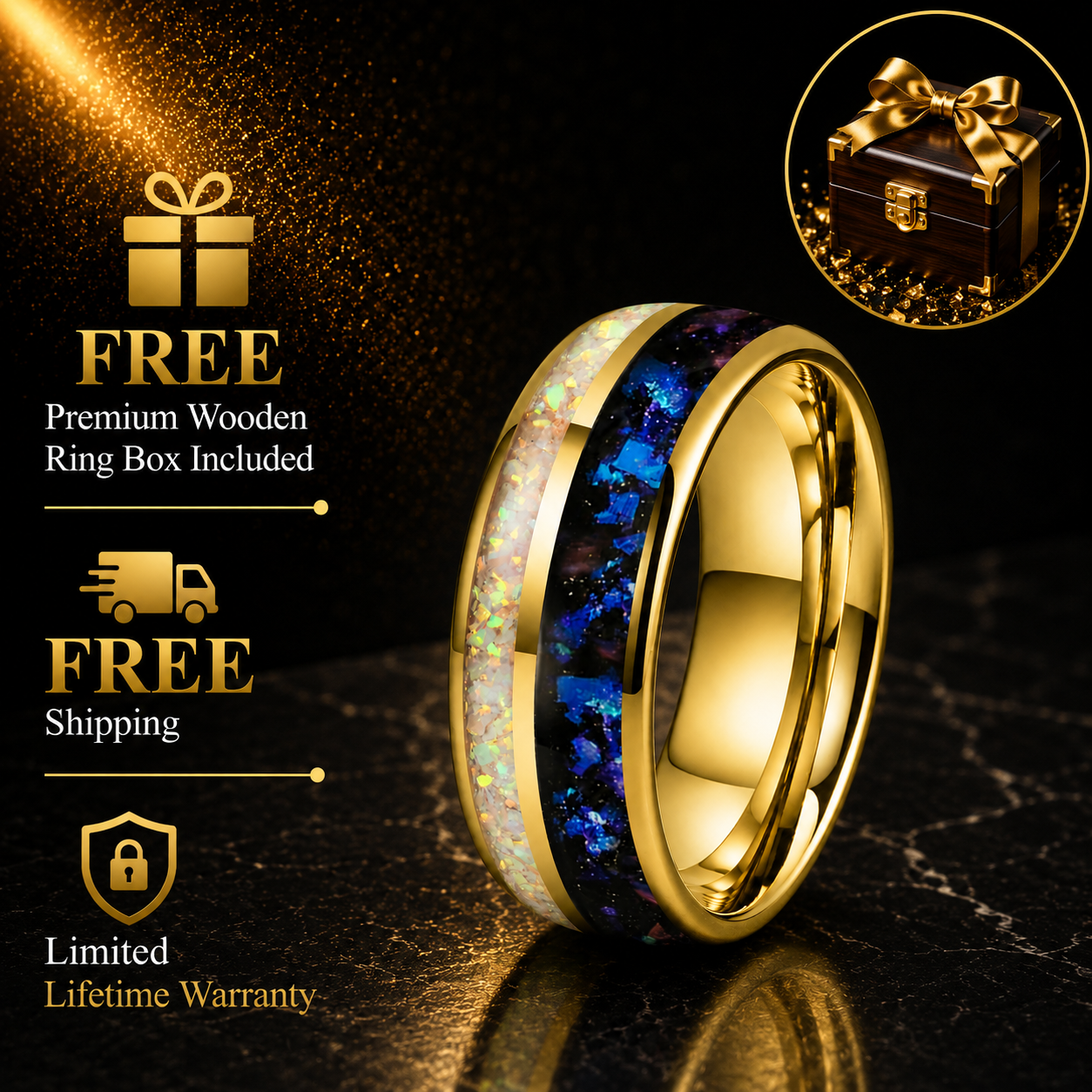 Tungsten Ring with Orion Nebula & Crushed White Opal Inlay