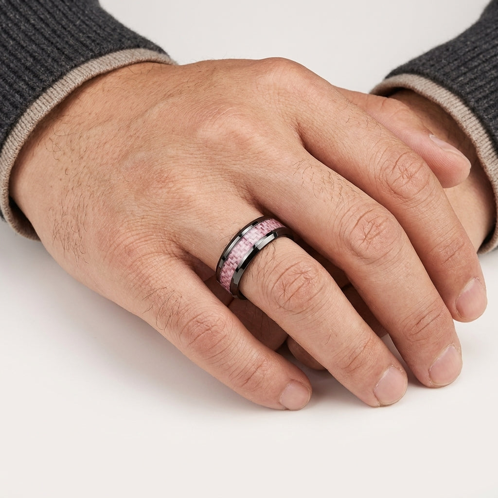 Tungsten Ring with Pink Carbon Fiber Inlay