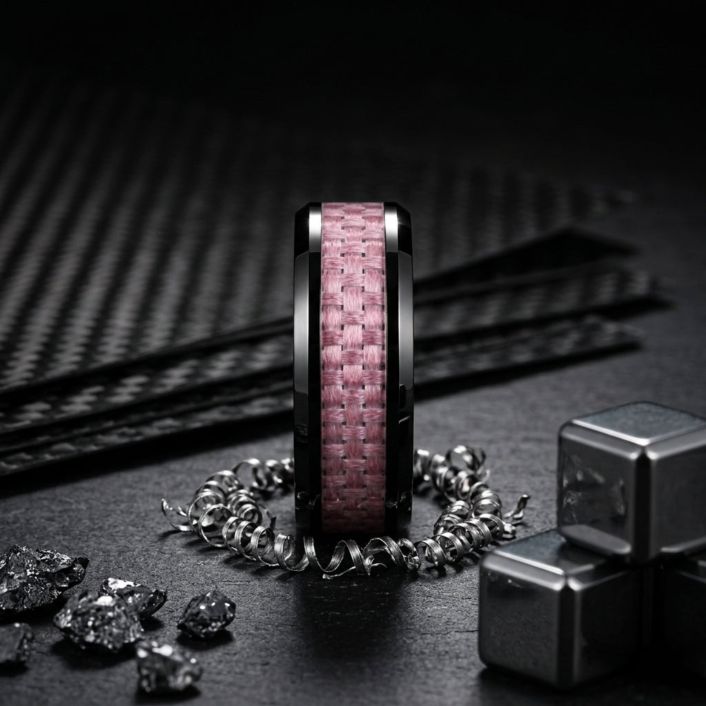 Tungsten Ring with Pink Carbon Fiber Inlay