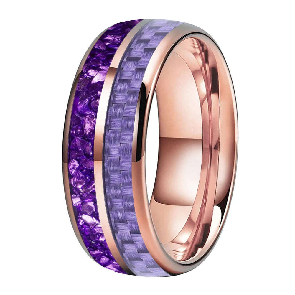 Tungsten Ring with Purple Carbon Fiber & Crystal Stone Inla