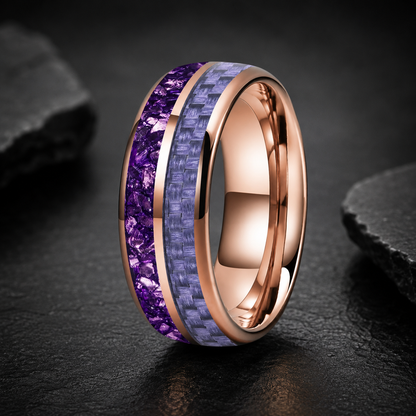 Tungsten Ring with Purple Carbon Fiber & Crystal Stone Inla