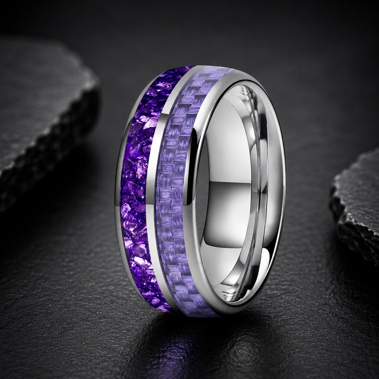 Tungsten Ring with Purple Carbon Fiber & Crystal Stone Inla