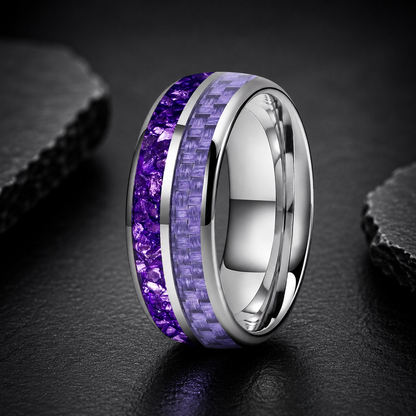 Tungsten Ring with Purple Carbon Fiber & Crystal Stone Inla