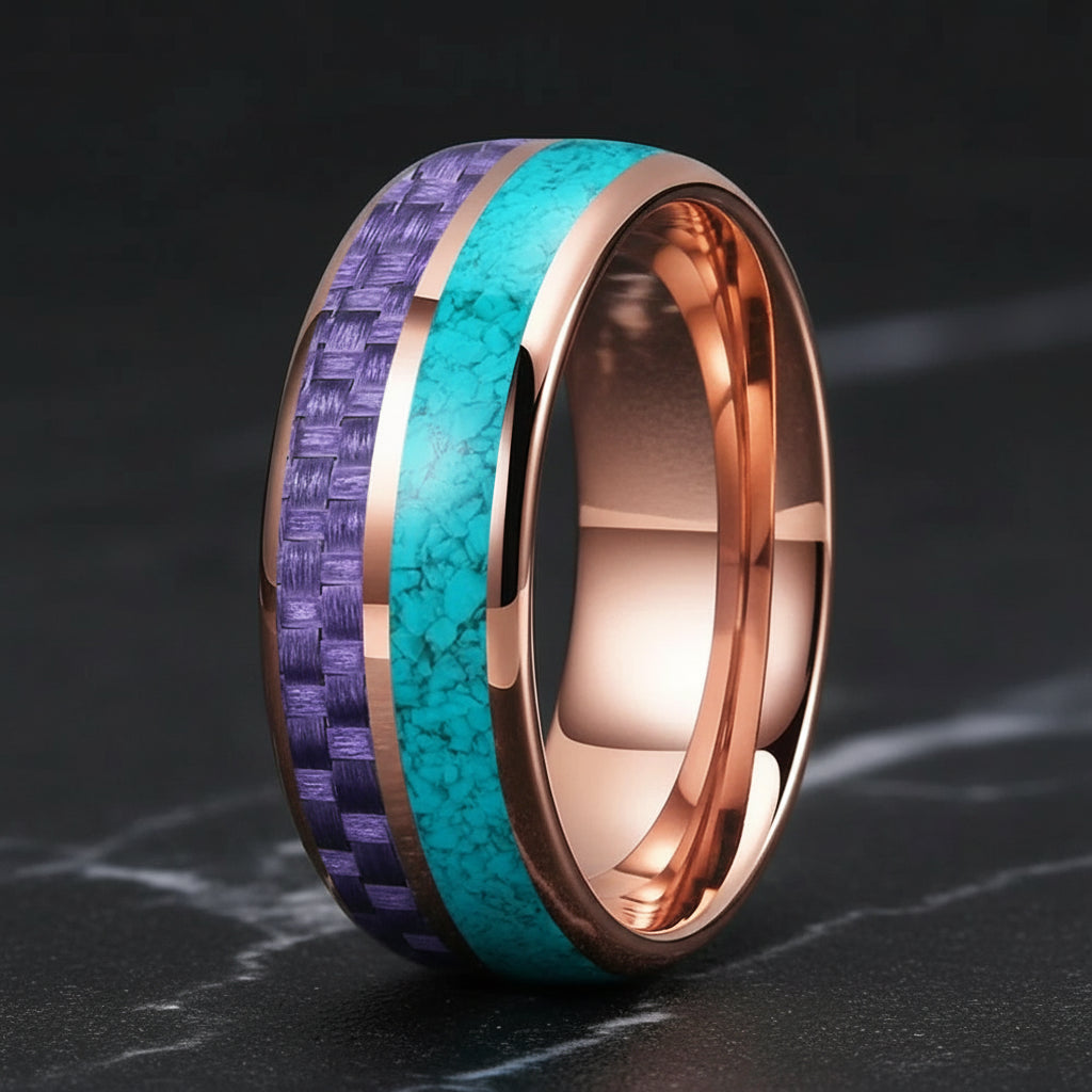 8MM Tungsten Ring with Purple Carbon Fiber &-Turquoise