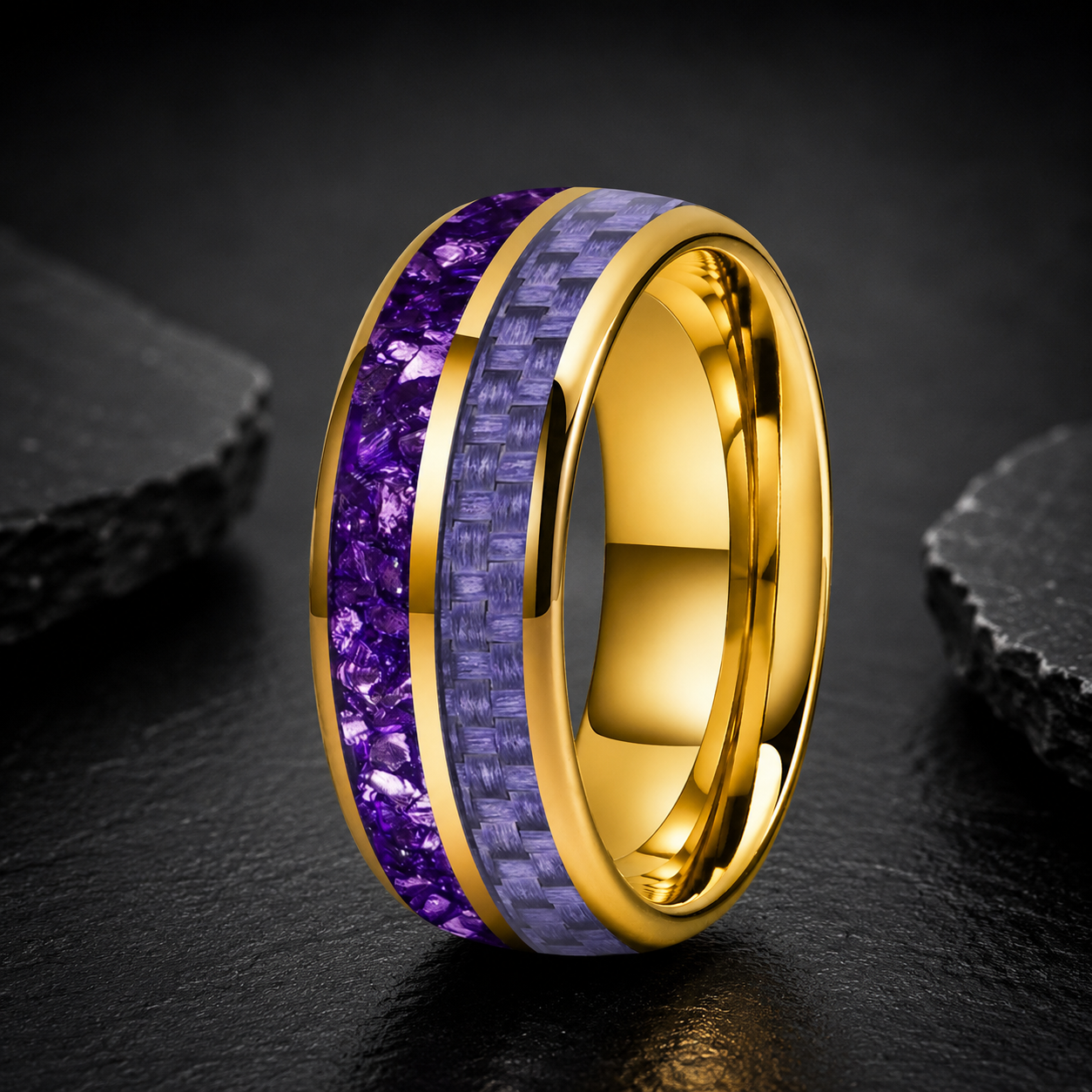 Tungsten Ring with Purple Carbon Fiber & Crystal Stone Inlay