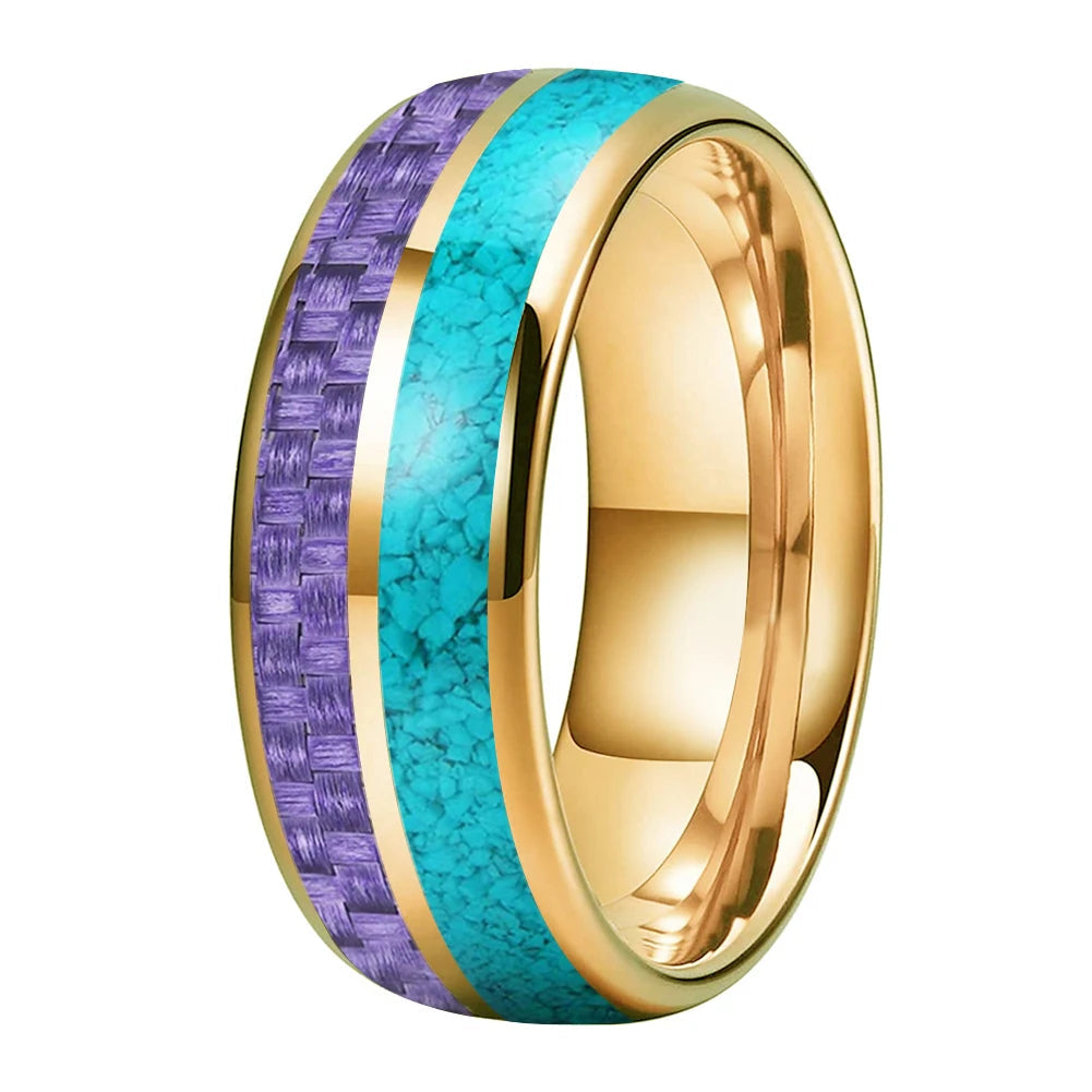 8MM Tungsten Ring with Purple Carbon Fiber & Turquoise