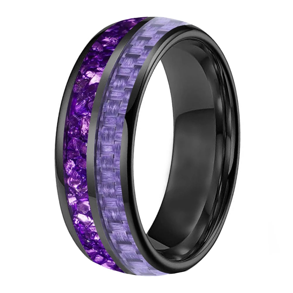 Tungsten Ring with Purple Carbon Fiber & Crystal Stone Inlay