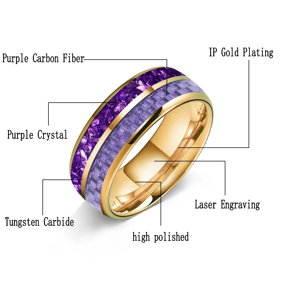 Tungsten Ring with Purple Carbon Fiber & Crystal Stone Inlay