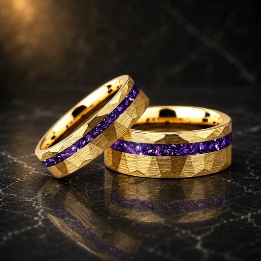 Tungsten Ring with Purple Glass Stone Inlay