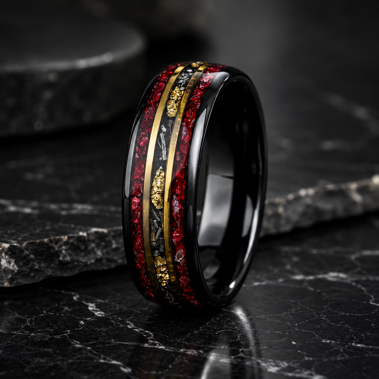 Tungsten Ring with Red Garnet & Meteorite Inlay