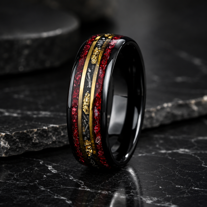 Tungsten Ring with Red Garnet & Meteorite Inlay
